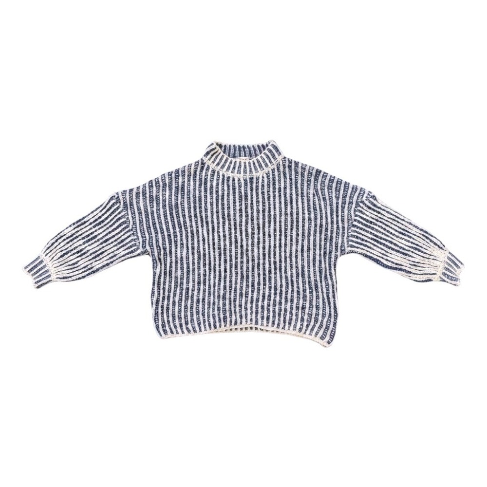 POL Clothing Blue Cream Striped Wool Blend Chunky Knit Mock Neck Sweater SMST81